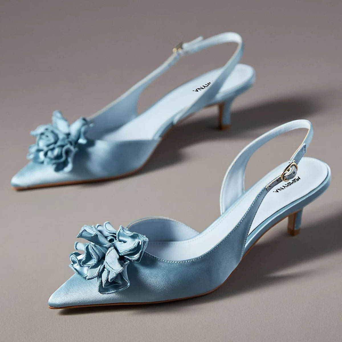 Light Blue Satin Floral Pointed Toe Kitten Heel Buckle Slingback Shoes Nicepairs
