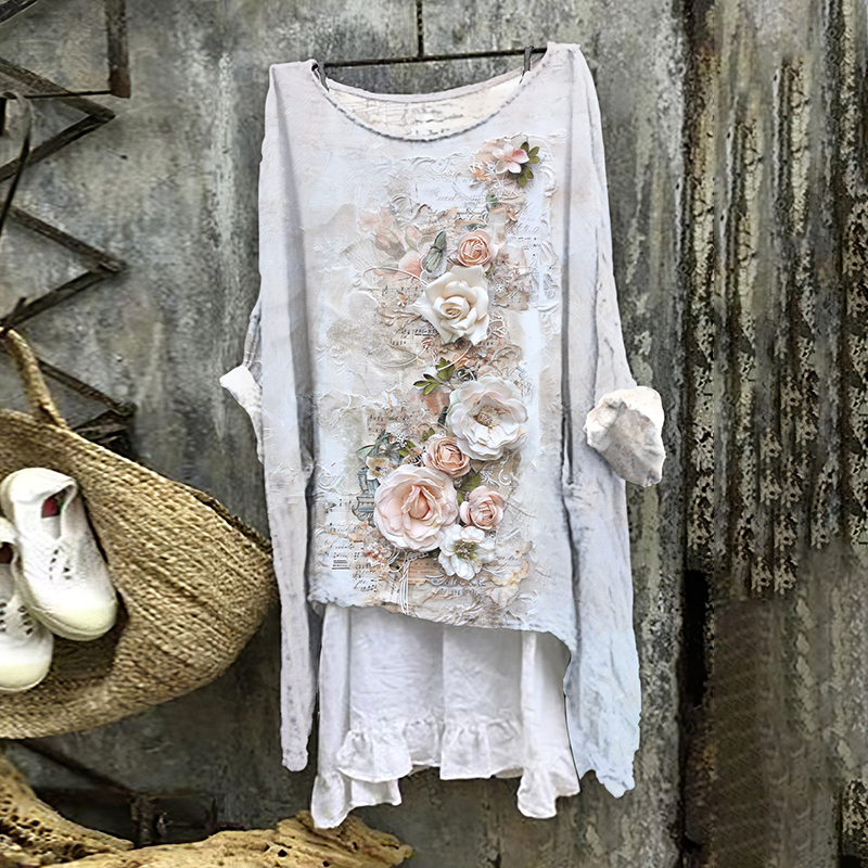 Women's Floral Musical Embroidery Art Linen Blend Vintage Shirt artswardrobe