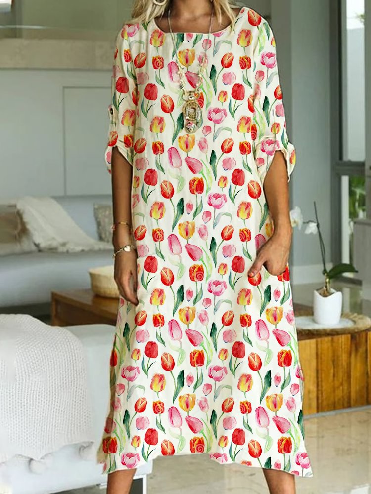 Women's Round Neck Tulip Print Half Sleeve Maxi Dress
