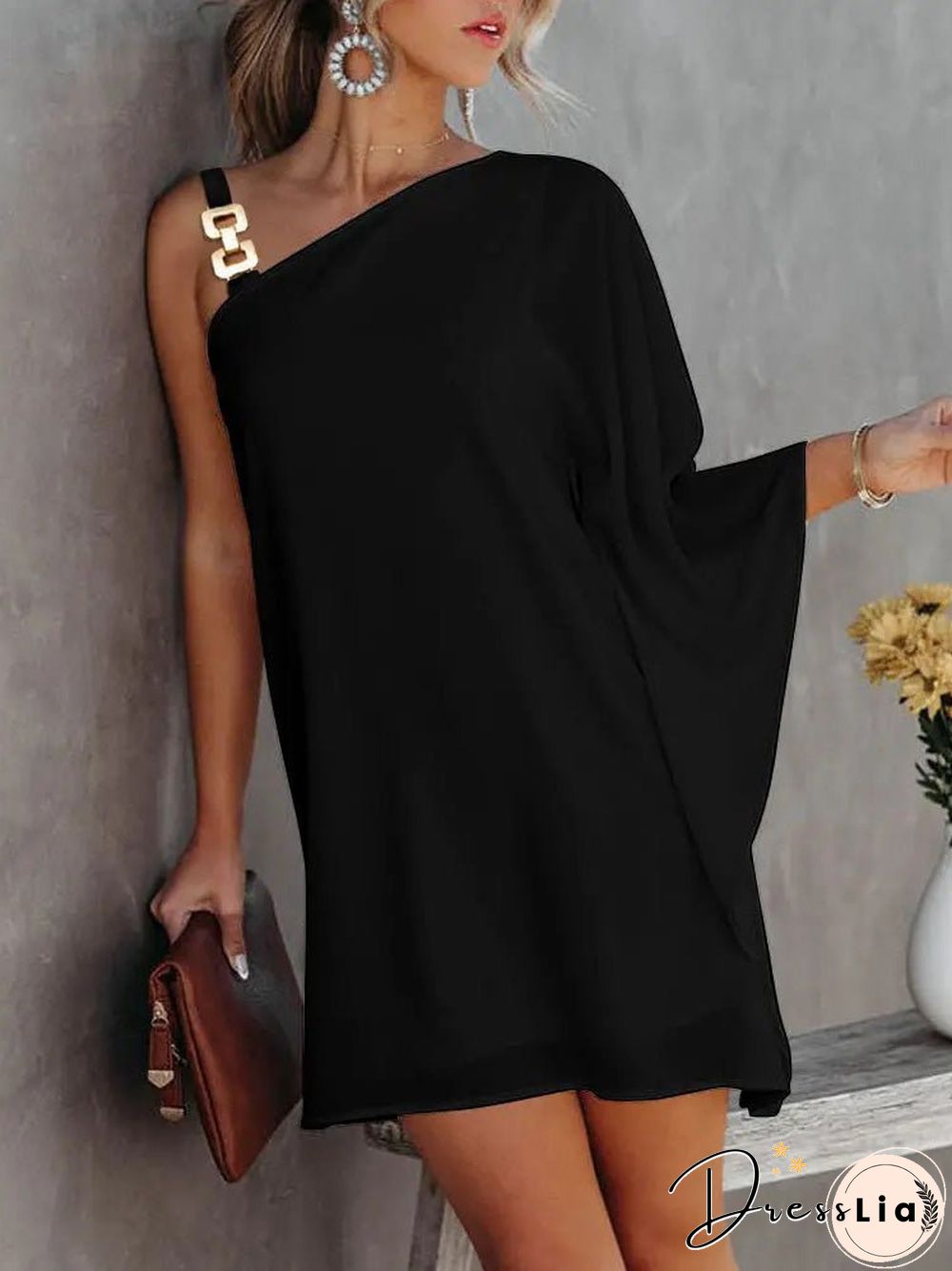 Women'S Dresses Solid Metal Strap Off-Shoulder Doll Sleeve Dress