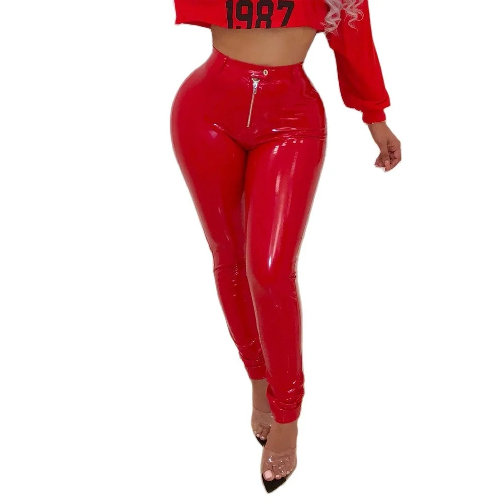 Woherb Woherb PVC High Waist Slim Leather Pants Women's Sexy Bright Leather Pants No Odor Size Accurate-Outfit Ideas