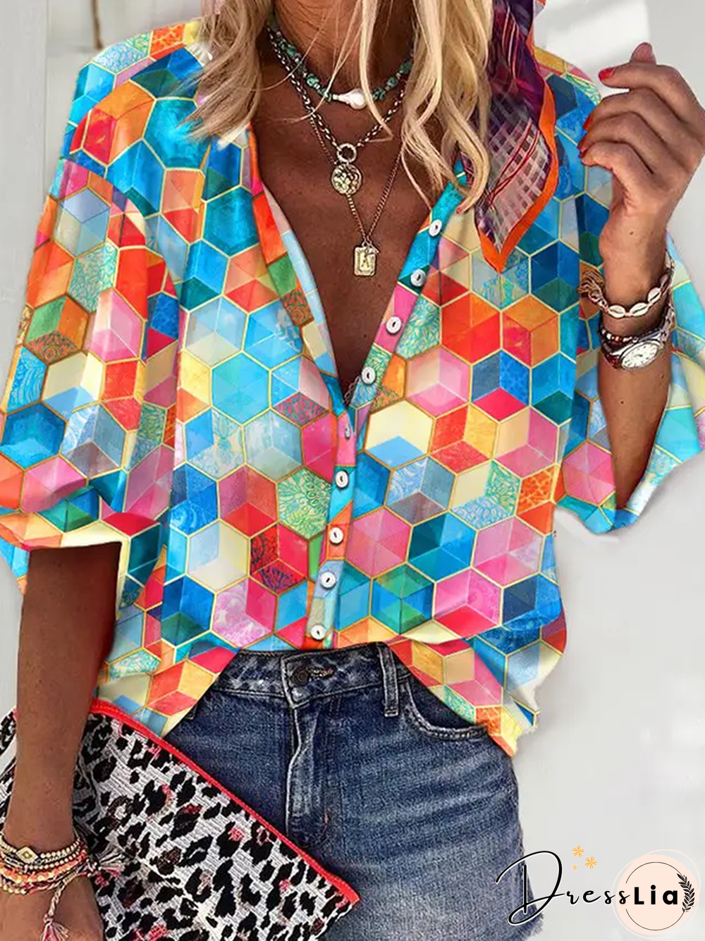 Casual Color Block V Neck Blouse