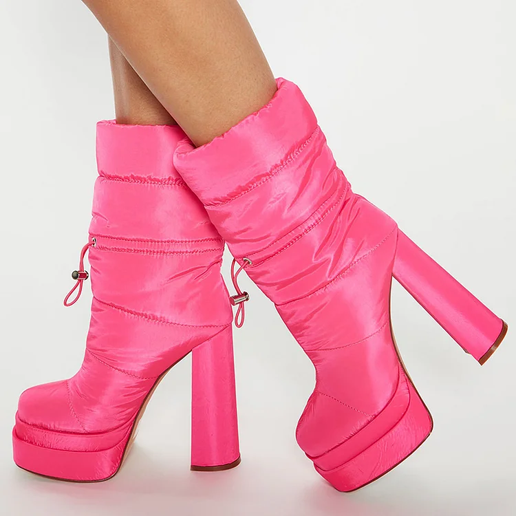 Classic Hot Pink Mid-Calf Platform Winter Boots with Block Heels |FSJ Shoes