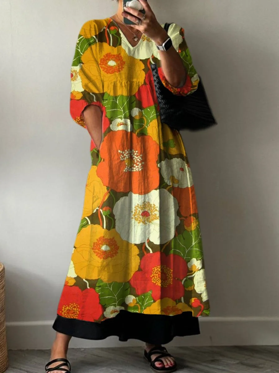 Women's  Vintage Floral Print Pocket V-neck Cotton Dress