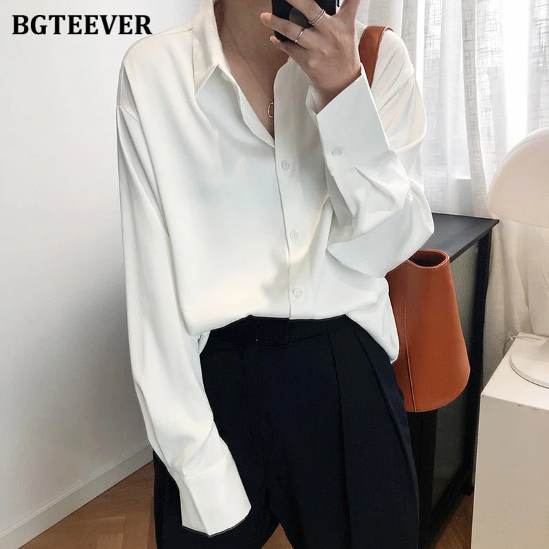 BBTEEVER 2020 New Chic Women Satin Shirts Long Sleeve Solid Turn Down Collar Elegant Office Ladies Workwear Blouses Female