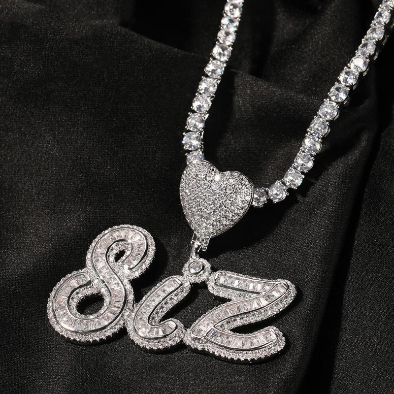 Custom Name Iced Out Baguette Script Letters Heart Pendant Necklace-VESSFUL