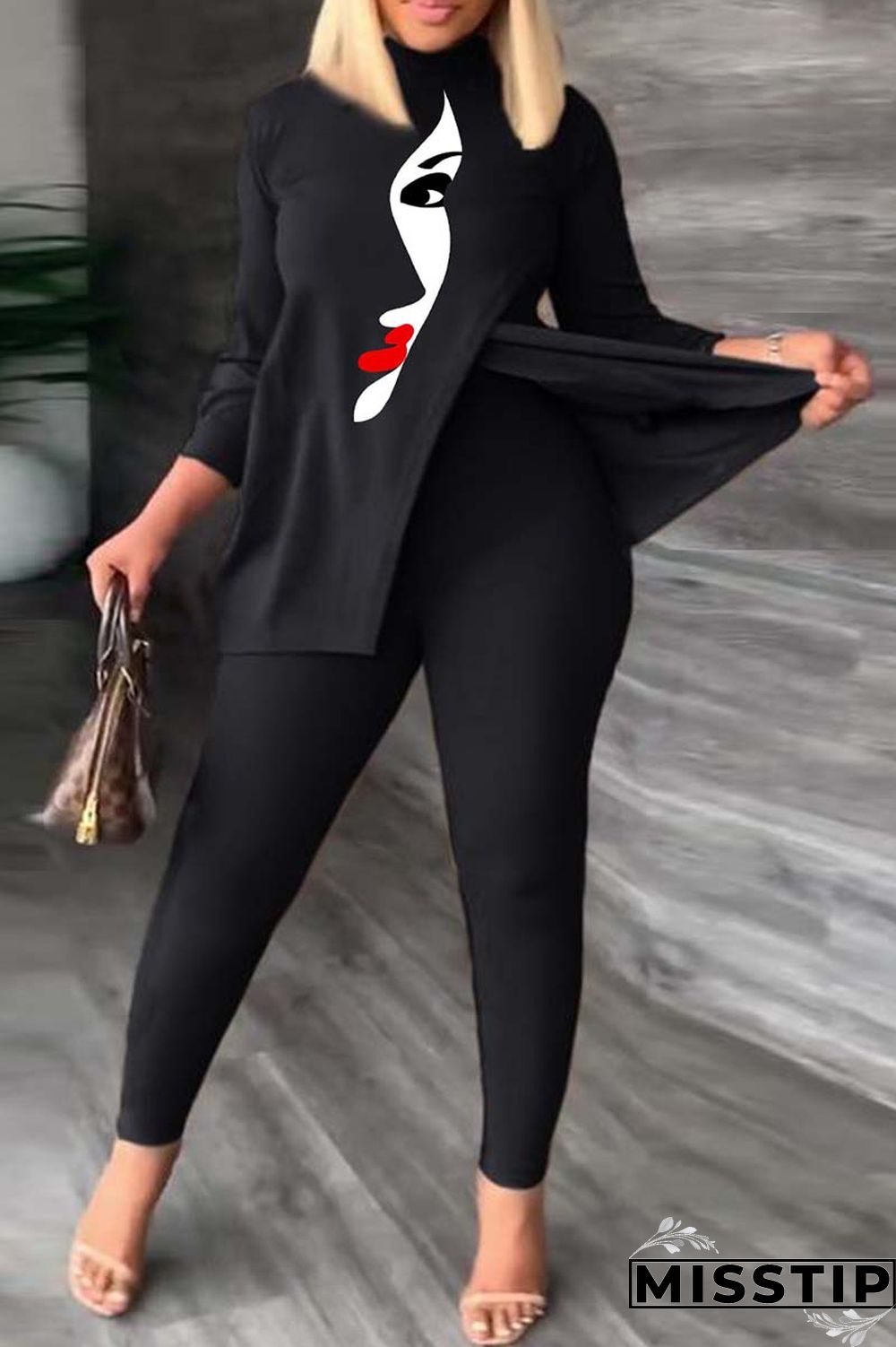 Black Green Casual Print Slit Turtleneck Plus Size Two Pieces