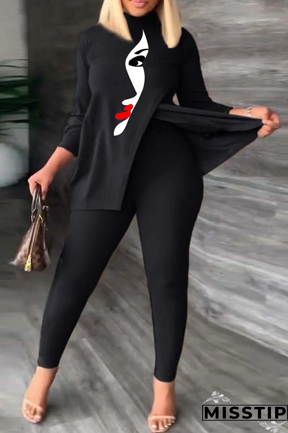 Black Green Casual Print Slit Turtleneck Plus Size Two Pieces