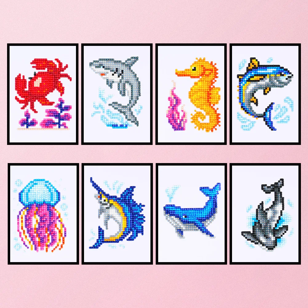 8pcs Marine Animal DIY Mini Partial Round Diamond Painting Set Desktop Decor No Frame(12*17cm)