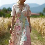 Bohemian Retro Countryside Style Plant Flower Design Women's Linen Dress - Image 2