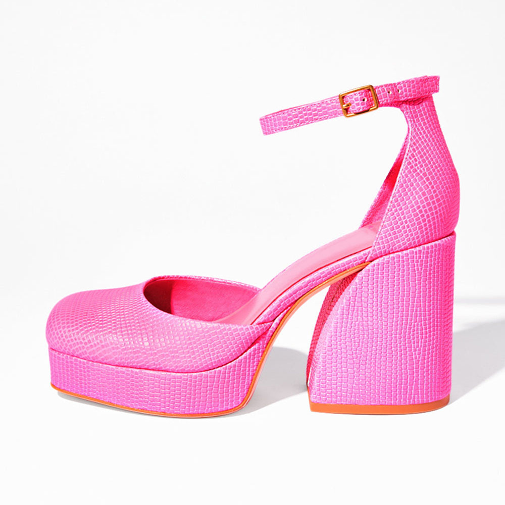 GOOSHOE Pink Square Toe Block Heels Platform Pumps