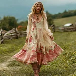 Women's Vintage Pink Rose And Polka Dot Casual Linen V-neck Dress - Image 2