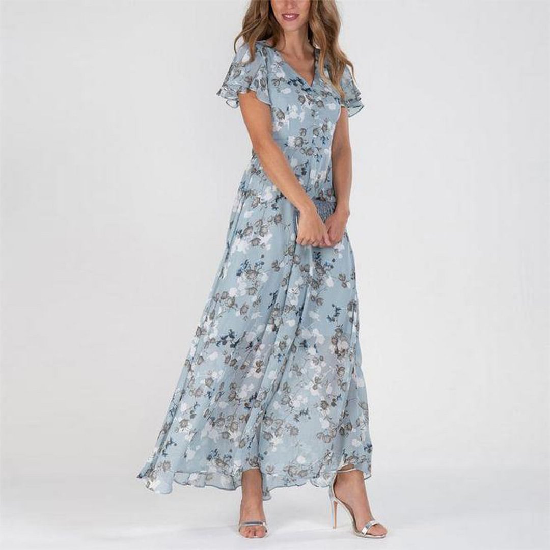 Fresh Blue Floral Flutter Sleeve Maxi Dress