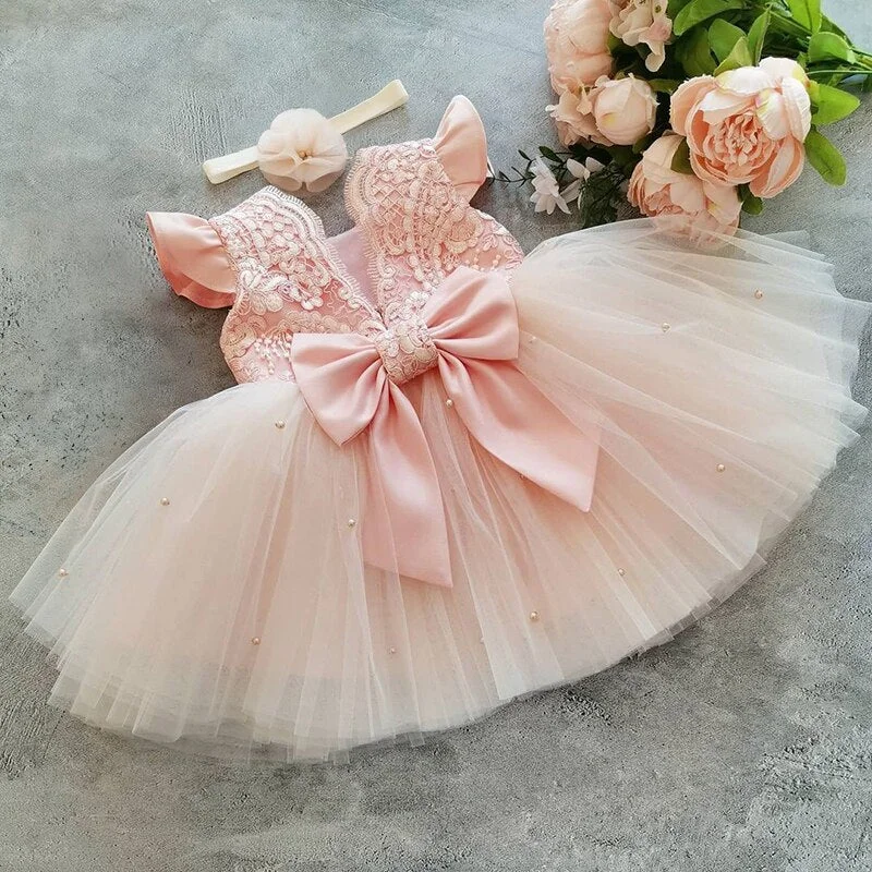 Baby Girl Bowknot Red Dress Lace Embroidery Tutu Dresses for Girls 1 2 3 4 5 Years Birthday Party Toddler Flower Wedding Gown