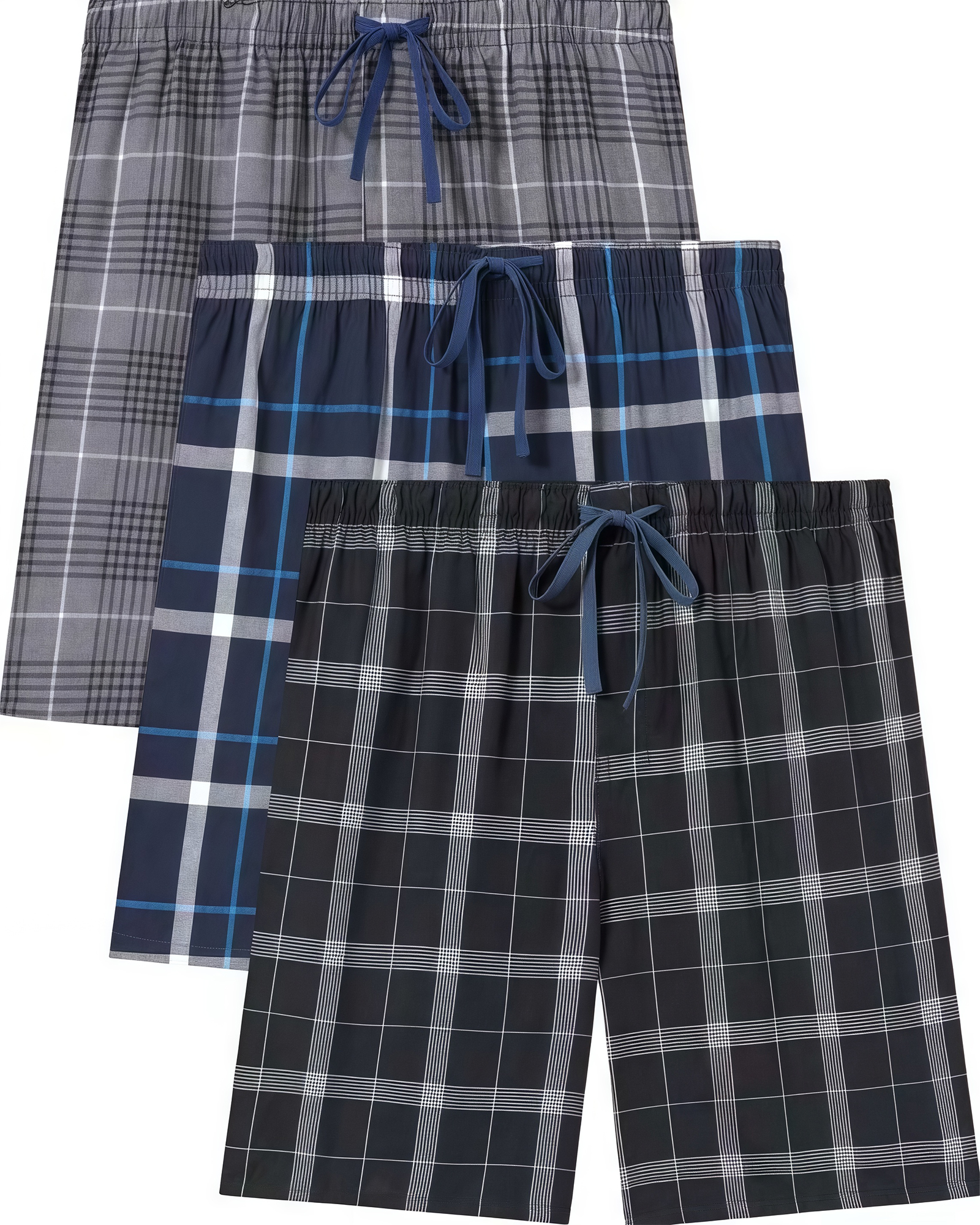 Men's Plaid Pajama Shorts Relaxed Fit Lounge Pants with Drawstring and Button Open Fly 3 Pack，3 Pack - E