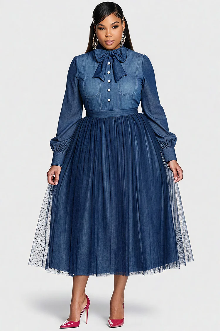 Xpluswear Design Plus Size Business Casual Tulle Blue Long Sleeve Contrast Elegant Bow Tie Tencel Denim Midi Dresses [Pre-Order]