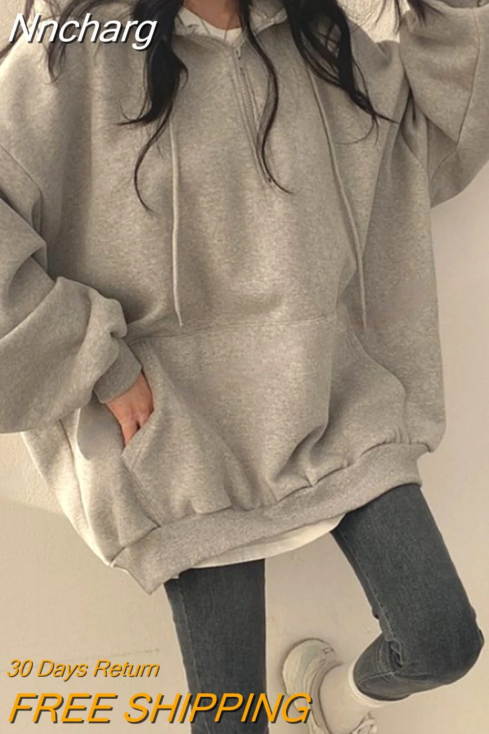 Nncharge Fleece Autumn Solid Sudaderas Casual Sweatshirts American Pullovers Women High Street Long Sleeve Hooded Half Zipper