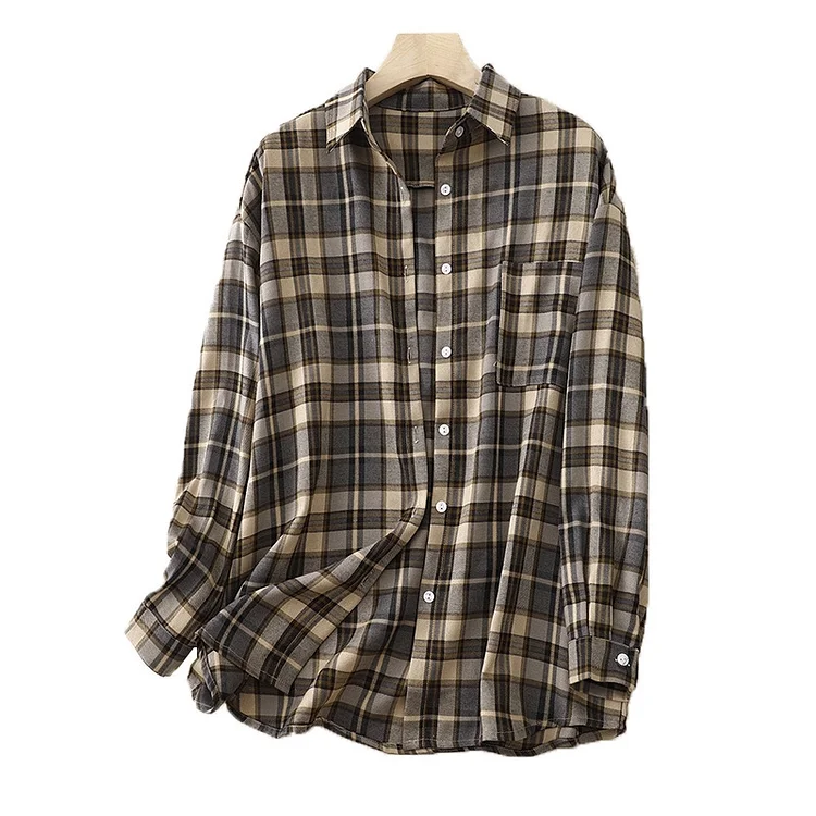 Long Sleeve Lapel Retro Plaid Casual Loose Blouse