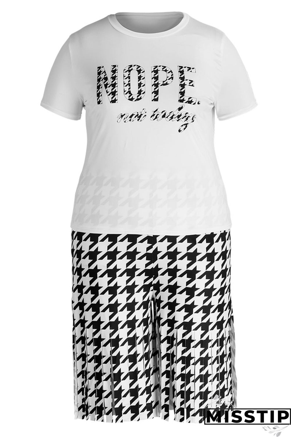 Black White Casual Street Print Tassel Patchwork O Neck Plus Size Two Pieces