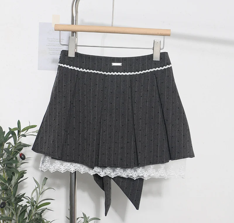 Uveng Real Shooting Leg Long Skirt Love Print Splicing Lace A Word 100 Folds Thin Bow Half-Dress Skirt 9339