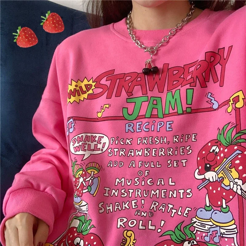 Harajuku Oversized Strawberry Print Hoodie Women O Neck Loose Vintage Clothes Top Streetwear Sweatshirts Graphic Cute Pullover