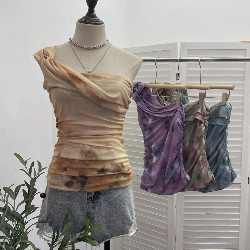 Churchf Net Yarn Printed Slanted Shoulder Sling Vest Retro Design Folding Temperament Short Blouse 8009