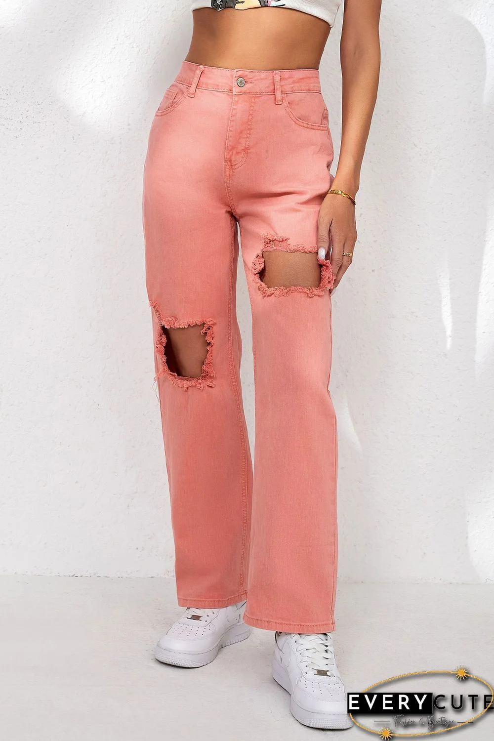 Pink High Waist Ripped Straight Leg Pocket Jeans