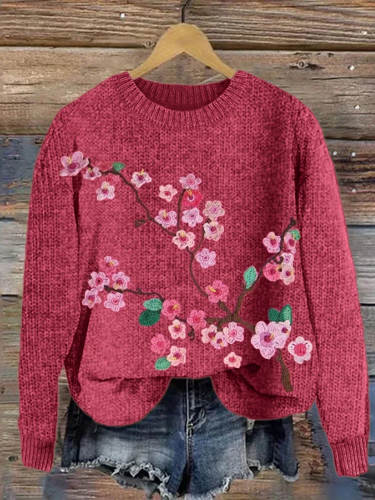 VChics Cherry Blossom Crochet Art Cozy Knit Sweater