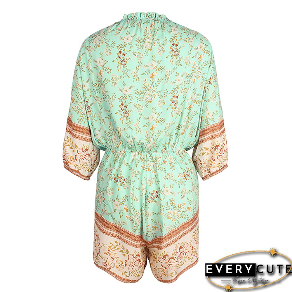 Light Green Bohemia Print V Neck Casual Romper