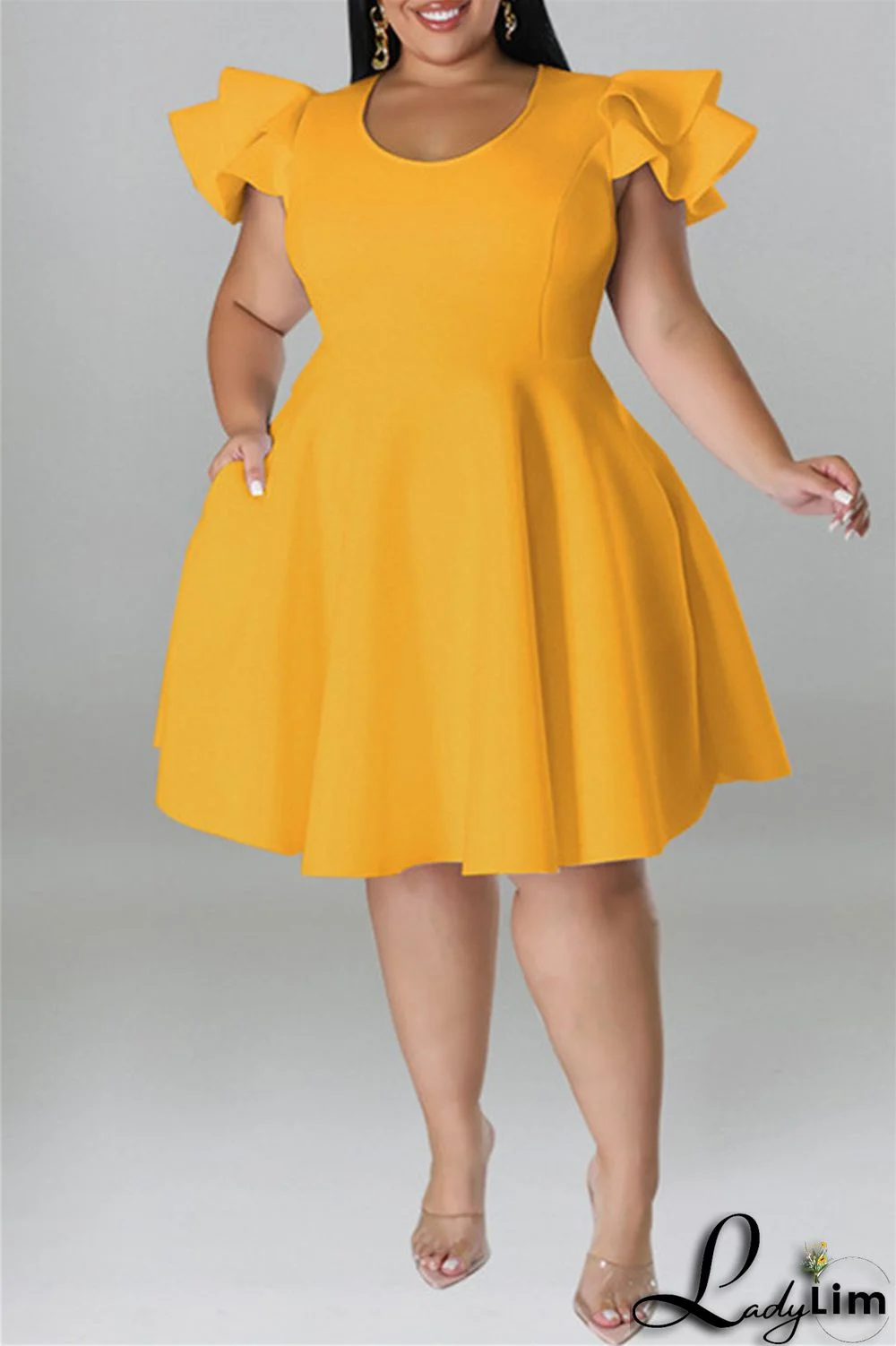 Yellow Fashion Casual Solid Patchwork O Neck Short Sleeve Dress Plus Size Dresses