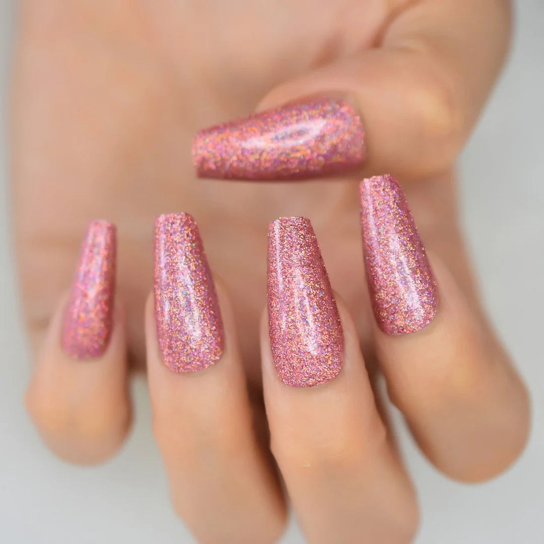 Holographic Silver Glitter Press On Nails Short Style Daily Wear Nude Pink Lady False Nails Oval Shape Nail Art Tips-Nail Inspo