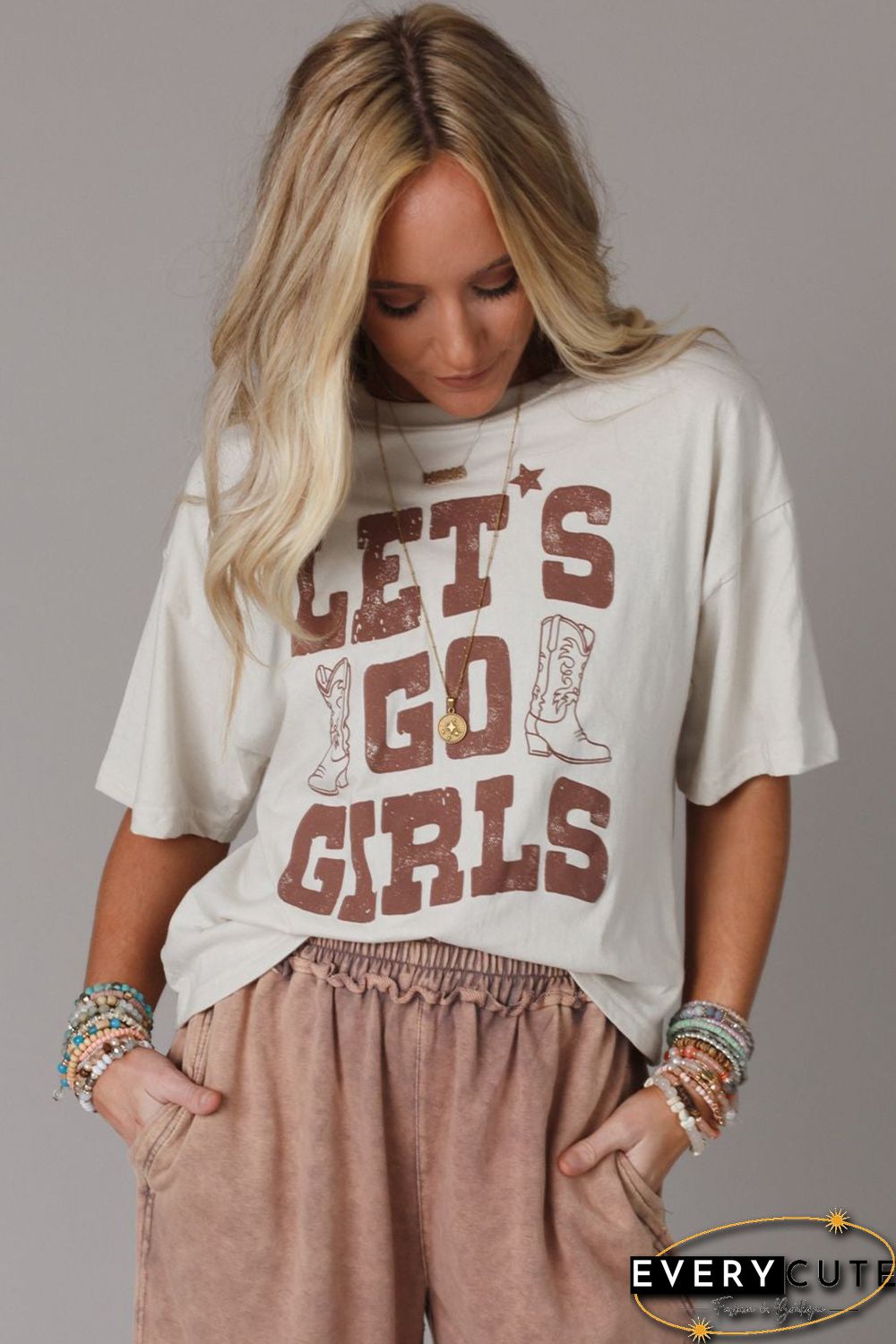 White LETS GO GIRLS Western Boots Tee