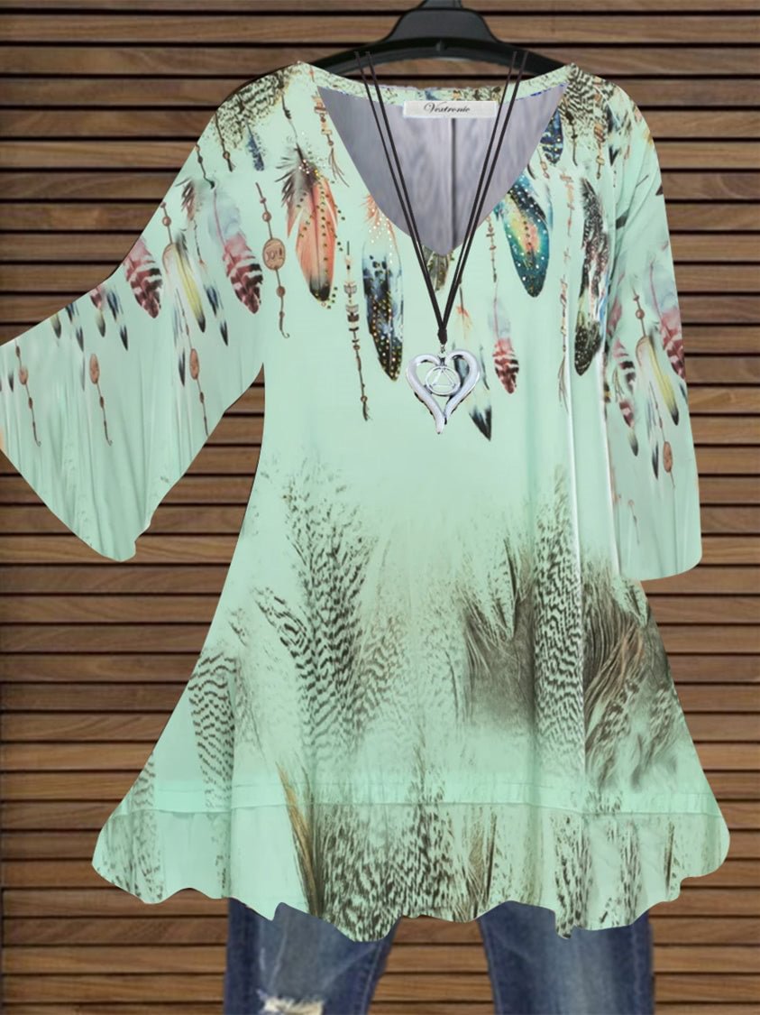 Women Casual Half Sleeve V-neck Feather Printed Top Dress