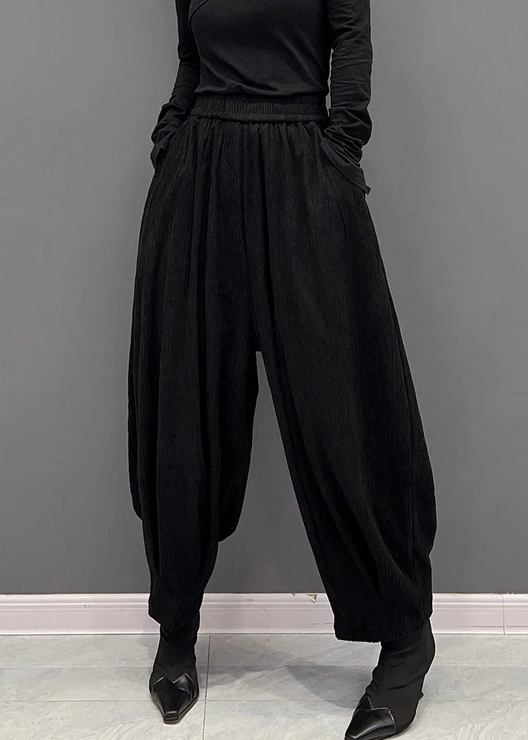 Retro Black Elastic Waist Pockets Silk Lantern Pants Spring