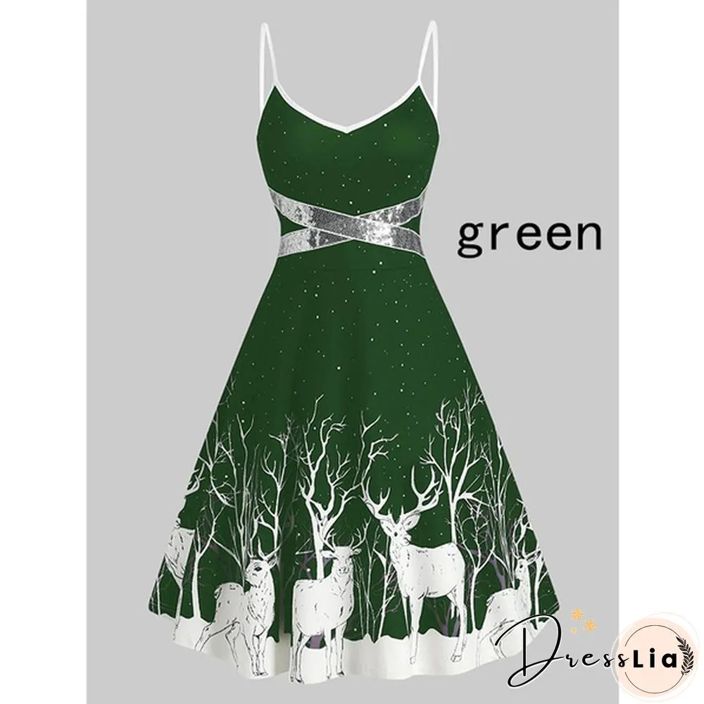 Christmas Deer Print Spaghetti Strap Dress Fashion Print Skater Dresses