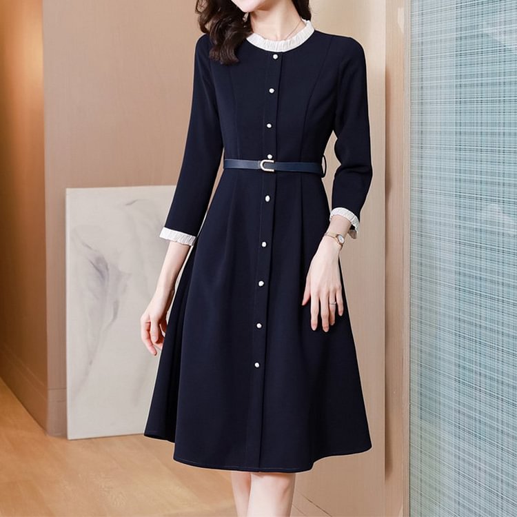 Blue Buttoned 3/4 Sleeve Dresses QueenFunky