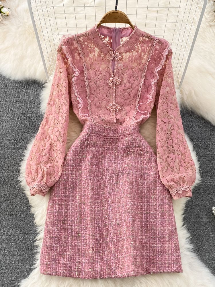 Vintage Small Fragrance Luxury Beading Cheongsam Lady Lace Mesh Tweed Dress Women Flower Embroidery Ruffles Pink Party Vestidos