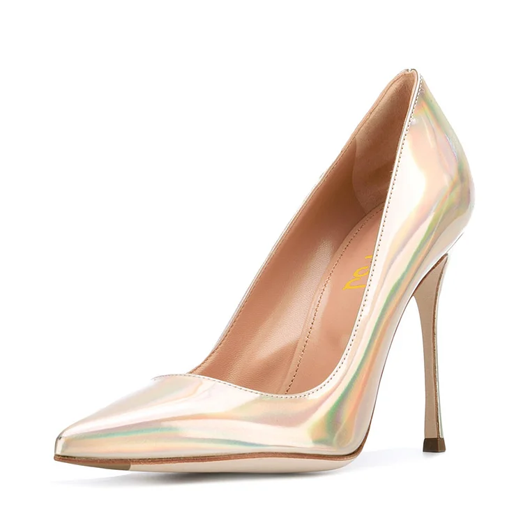 Gold Stiletto Heels Glossy Pointed Toe Office Heels|FSJshoes