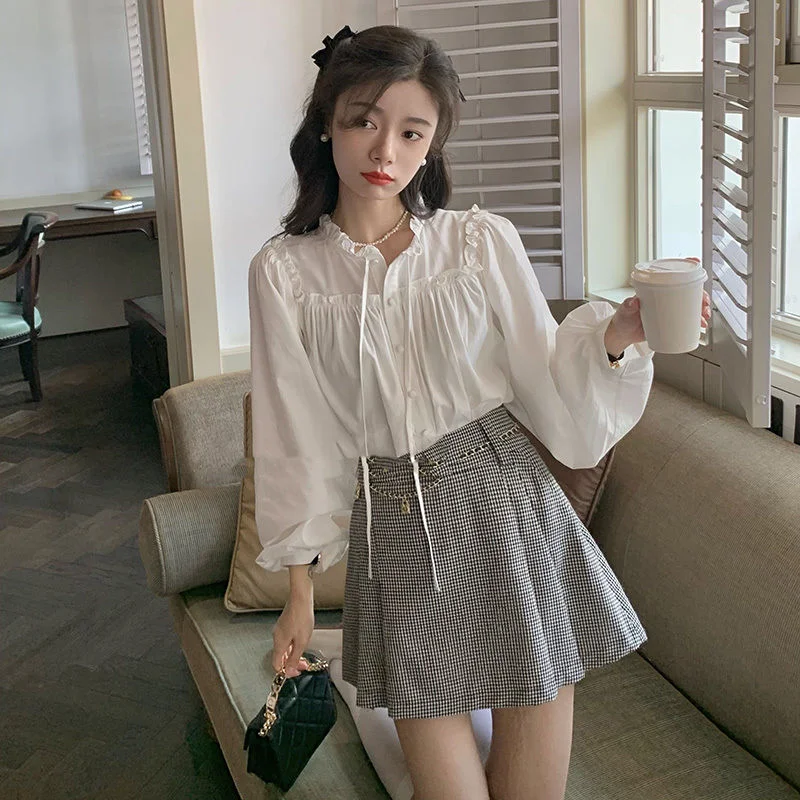 brownm Bow Shirt Women Early Autumn Unique Solid Relaxed Casual Shirt Lace-up Blue Premium Feeling Folding Loose Top