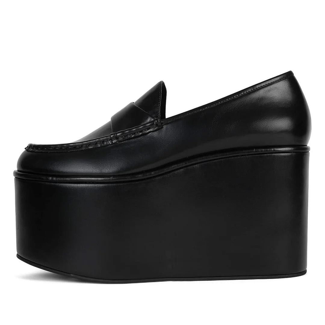 Black Almond Toe Platform Loafers with Wedge Heel for Women