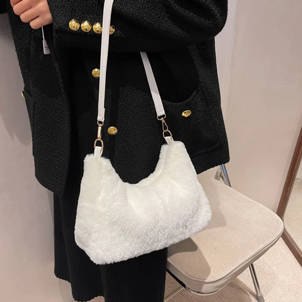 Retro Solid Underarm Bags For Women 2022 Soft Plush Shoulder Bags Female Large Capacity Travel Bag Winter Warm Fluffy Totes Gift