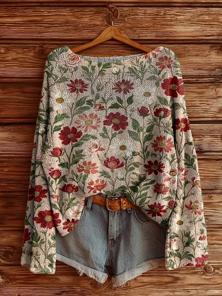 Women's Vintage Floral Art Pattern Print Casual Pullover Sweater