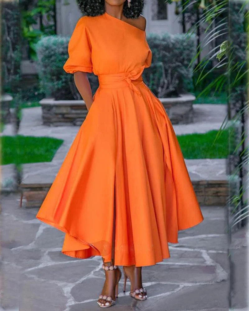 One-shoulder Tie-waist Midi Dress