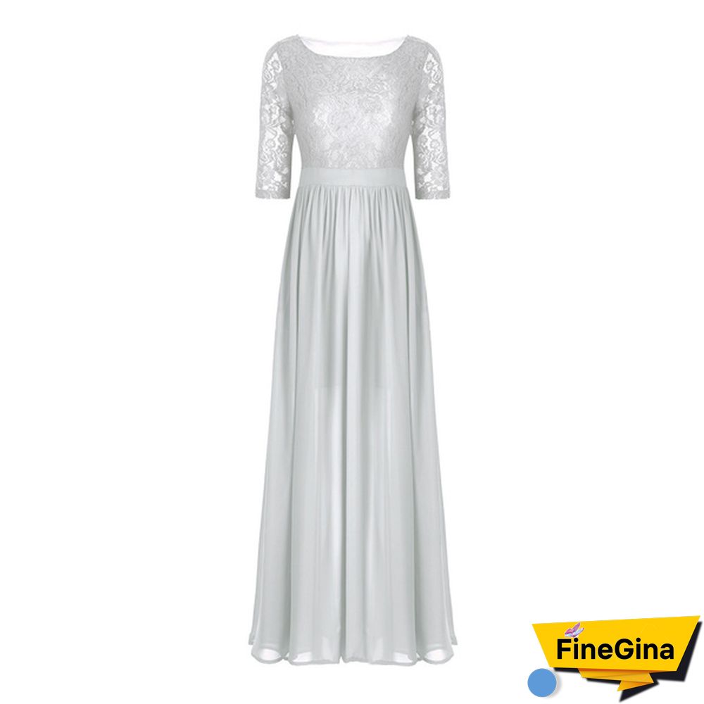 Womens Half Sleeved Embroidered Lace Top Front Slit Chiffon Wedding Bridesmaid Gown Prom