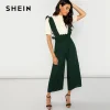 SHEIN Green Preppy Solid Wide Leg Pants Elastic Waist Ruffle Strap Calf Length Jumpsuit Women Summer Office Workwear Jumpsuits