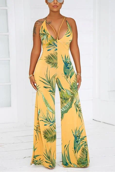 Sexy Print Backless Yellow Jumpsuits