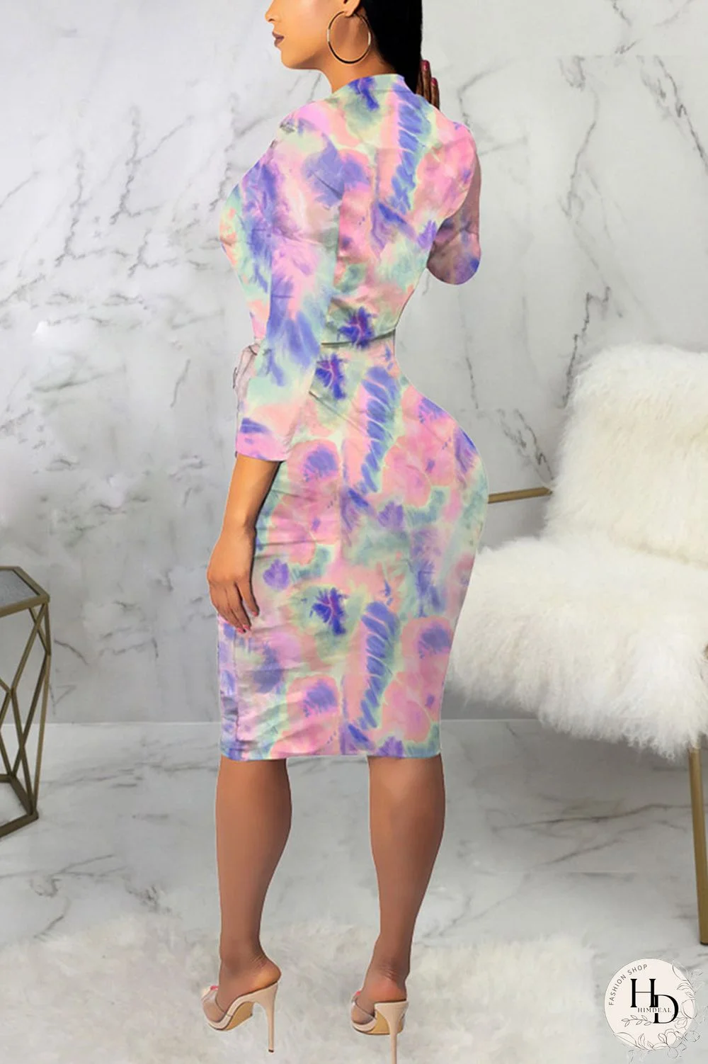 Powder blue Sexy Polyester Tie Dye Split Joint O Neck Long Sleeve Knee Length Long Sleeve Dress Dresses