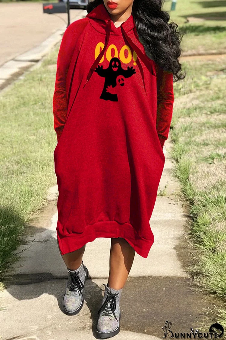 Red Casual Print Basic Hooded Collar Long Sleeve Dresses
