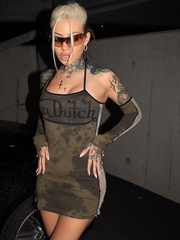 Nibber Y2K Hot Girl Style Two-Piece Sling Stitching Design Dress + Gloves Long Sleeves For Sexy Women Go Out Party Club Wear