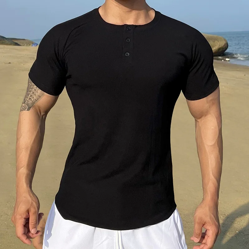 Men's Fitness Tight Short Sleeve Henley Neck T-Shirt